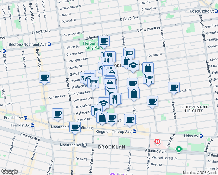map of restaurants, bars, coffee shops, grocery stores, and more near 395 Tompkins Avenue in Brooklyn