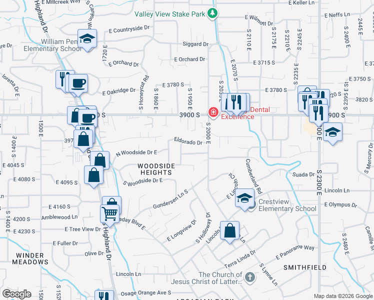 map of restaurants, bars, coffee shops, grocery stores, and more near 1956 East Woodside Drive in Holladay