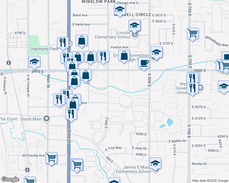map of restaurants, bars, coffee shops, grocery stores, and more near 4005 South 300 East in Millcreek