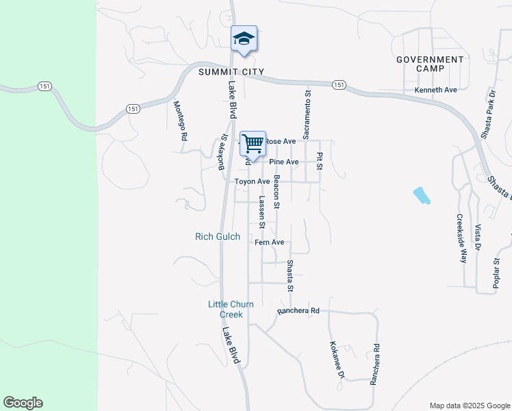 map of restaurants, bars, coffee shops, grocery stores, and more near 13607-13633 Hill Boulevard in Shasta Lake