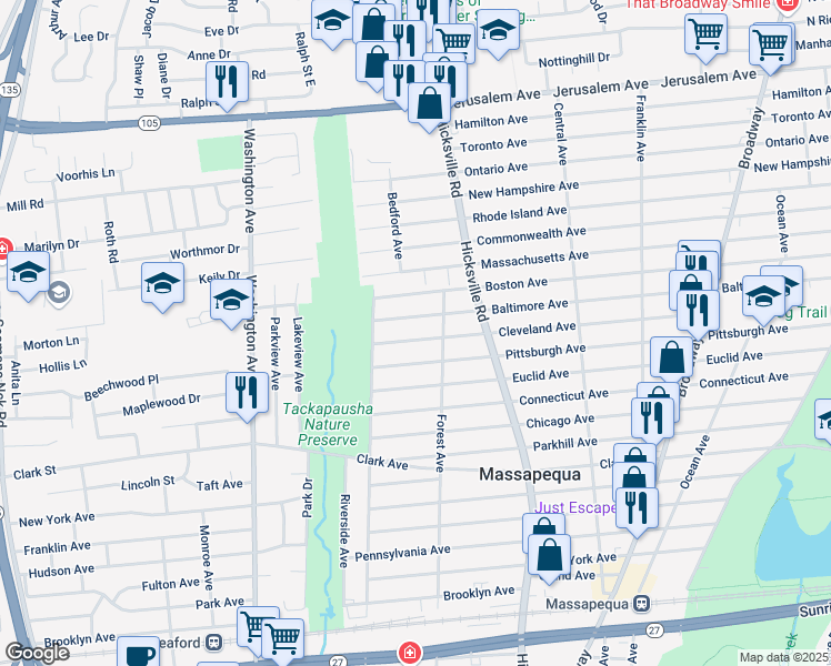 map of restaurants, bars, coffee shops, grocery stores, and more near 12 Cleveland Avenue in Massapequa