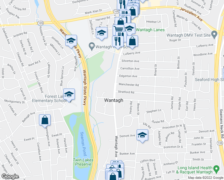 map of restaurants, bars, coffee shops, grocery stores, and more near 1542 Wantagh Avenue in Wantagh