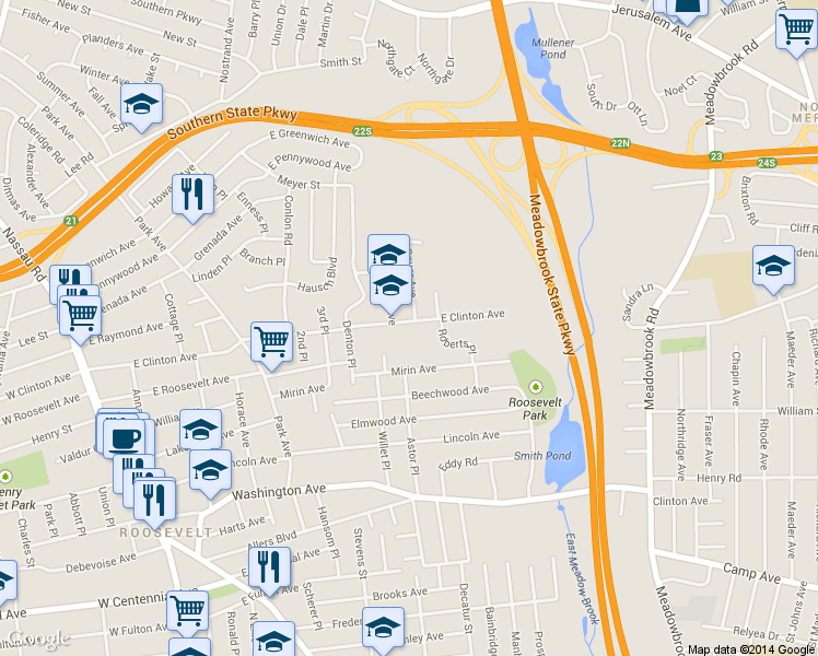 map of restaurants, bars, coffee shops, grocery stores, and more near 314 E Clinton Ave in Roosevelt