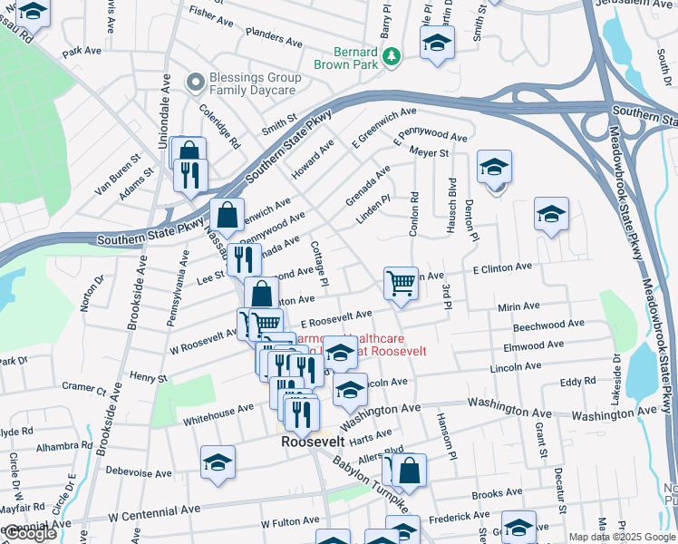 map of restaurants, bars, coffee shops, grocery stores, and more near 11 Cottage Place in Roosevelt