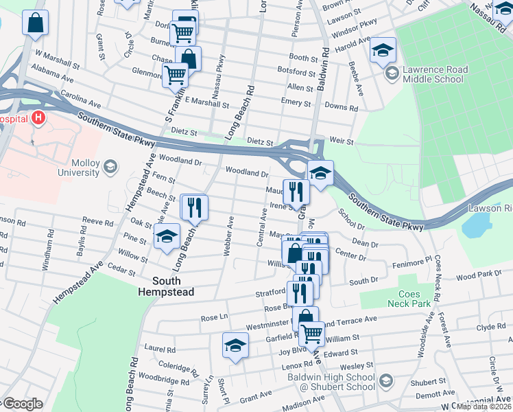 map of restaurants, bars, coffee shops, grocery stores, and more near 599 Georgia Street in South Hempstead