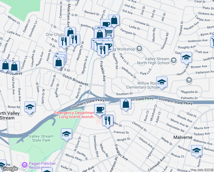 map of restaurants, bars, coffee shops, grocery stores, and more near 890 Franklin Avenue in Valley Stream