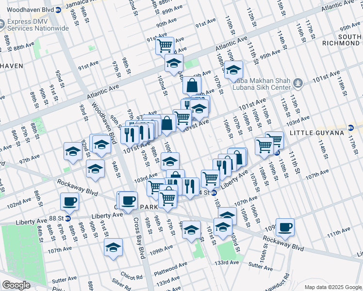 map of restaurants, bars, coffee shops, grocery stores, and more near 101-44 102nd Street in Queens