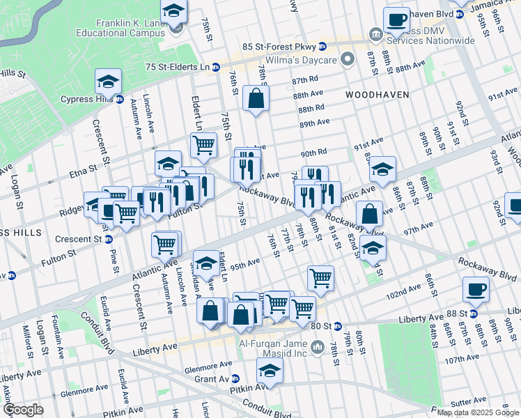 map of restaurants, bars, coffee shops, grocery stores, and more near 92-51 75th Street in Queens