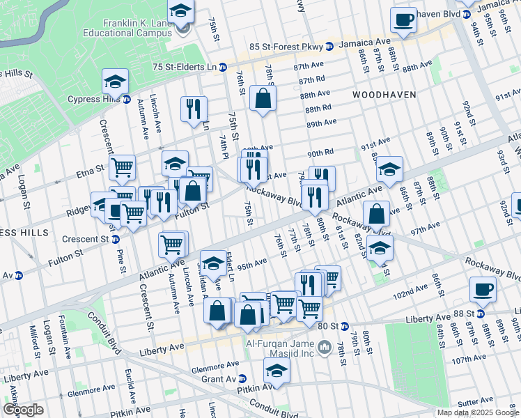 map of restaurants, bars, coffee shops, grocery stores, and more near 92-51 75th Street in Queens