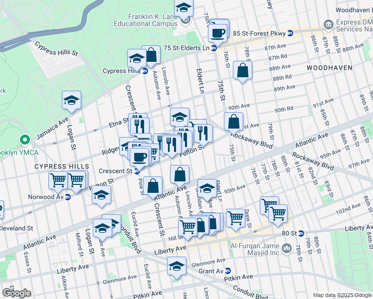 map of restaurants, bars, coffee shops, grocery stores, and more near 3436 Fulton Street in Brooklyn