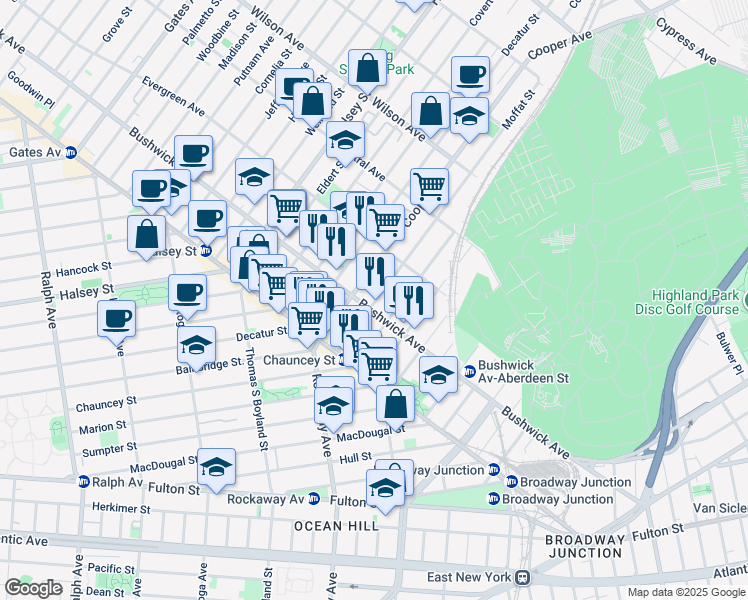 map of restaurants, bars, coffee shops, grocery stores, and more near 1408 Bushwick Avenue in Brooklyn