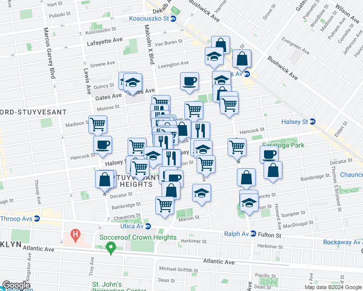 map of restaurants, bars, coffee shops, grocery stores, and more near 625 Halsey Street in Brooklyn