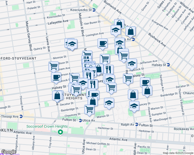 map of restaurants, bars, coffee shops, grocery stores, and more near 625 Halsey Street in Brooklyn