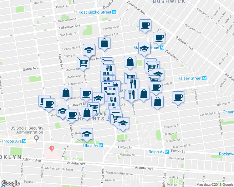 map of restaurants, bars, coffee shops, grocery stores, and more near 668 Hancock Street in Brooklyn