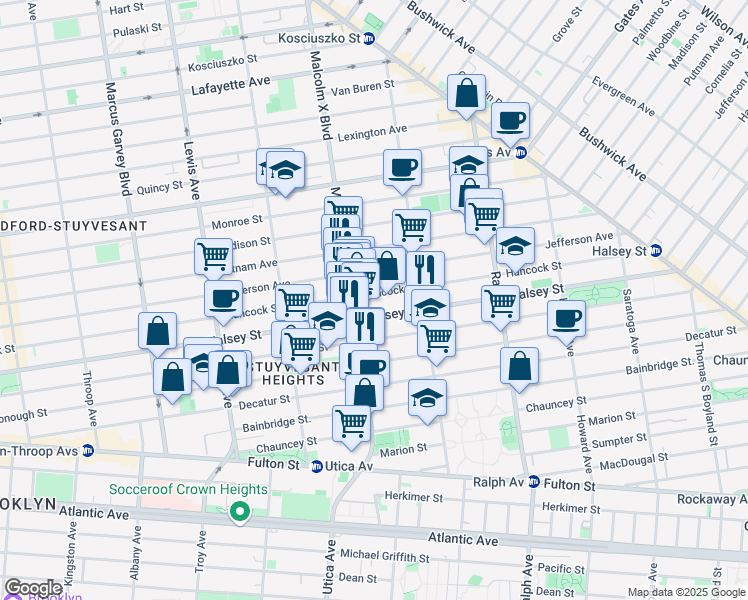 map of restaurants, bars, coffee shops, grocery stores, and more near 668 Hancock Street in Brooklyn