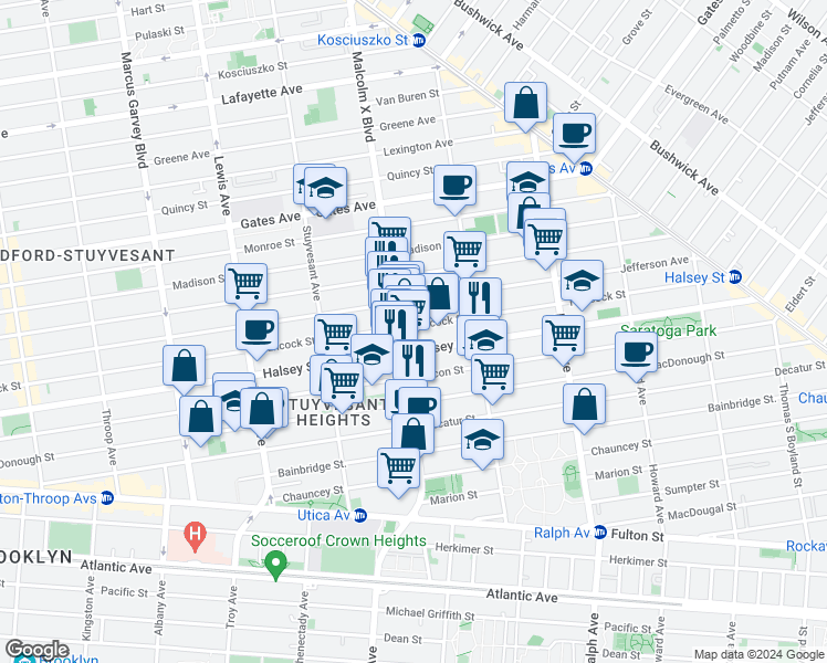 map of restaurants, bars, coffee shops, grocery stores, and more near 668 Hancock Street in Brooklyn