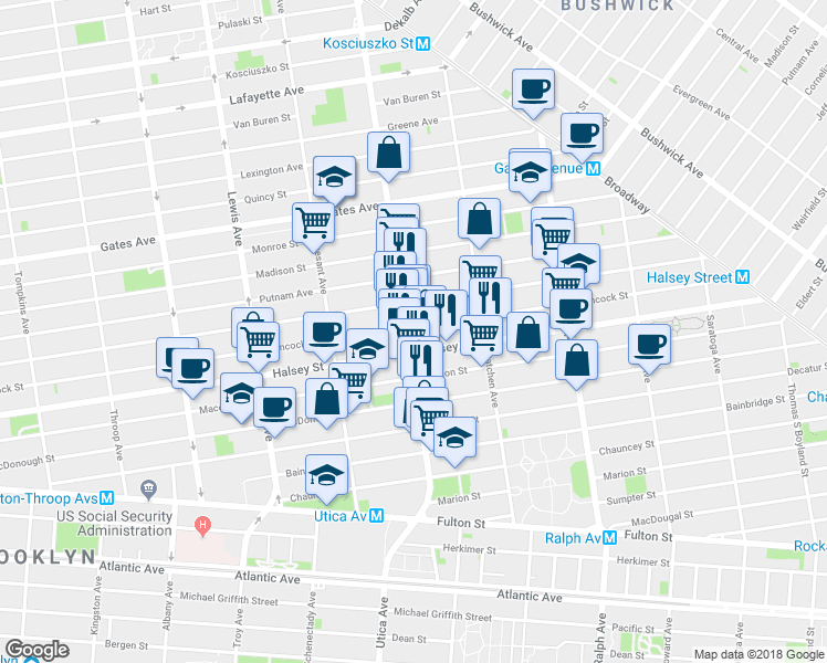 map of restaurants, bars, coffee shops, grocery stores, and more near 668 Hancock Street in Brooklyn