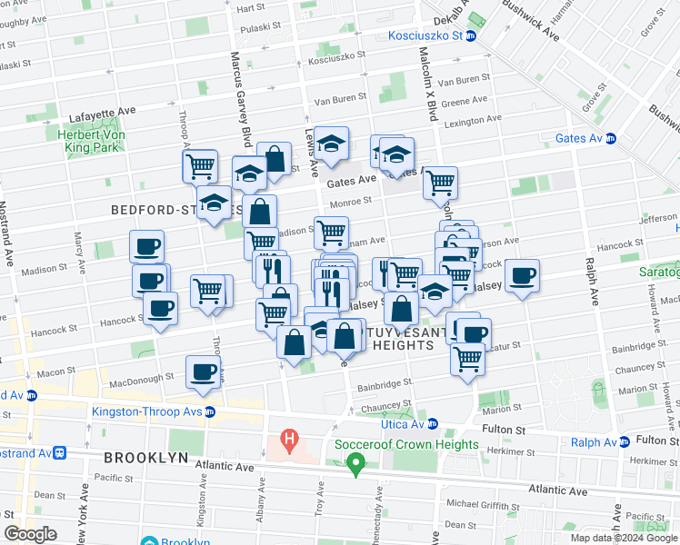 map of restaurants, bars, coffee shops, grocery stores, and more near 327 Lewis Avenue in Brooklyn