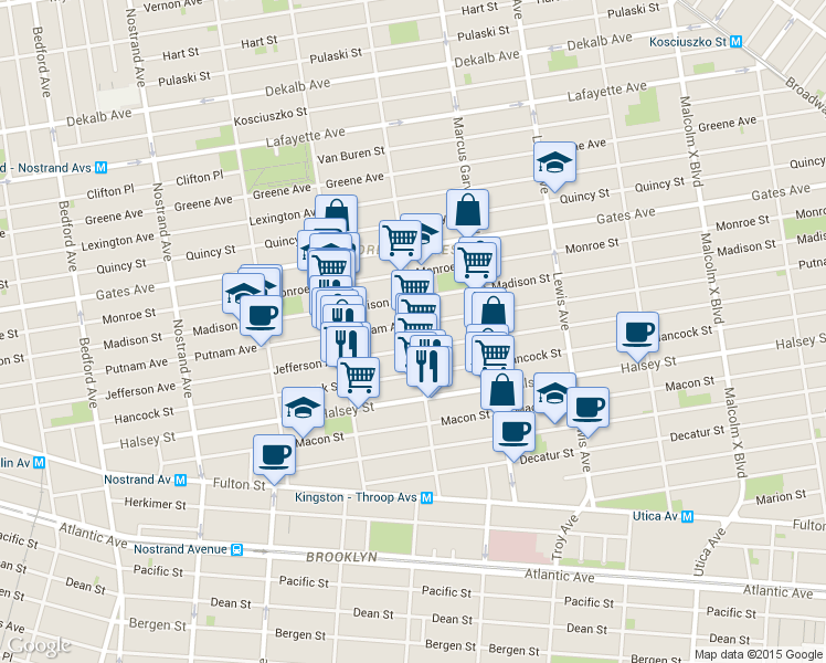 map of restaurants, bars, coffee shops, grocery stores, and more near 521 Throop Avenue in Brooklyn