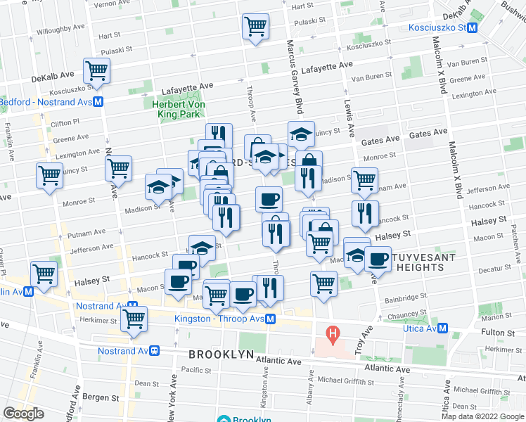 map of restaurants, bars, coffee shops, grocery stores, and more near 521 Throop Avenue in Brooklyn