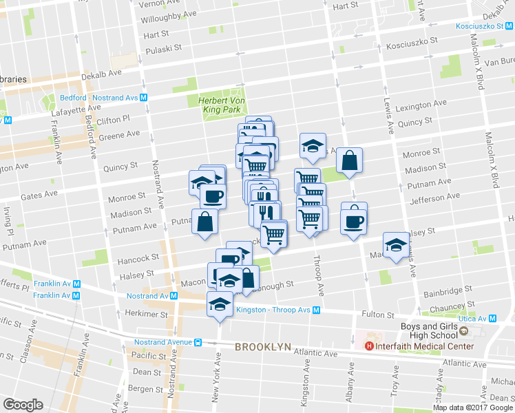 map of restaurants, bars, coffee shops, grocery stores, and more near 430 Putnam Avenue in Brooklyn