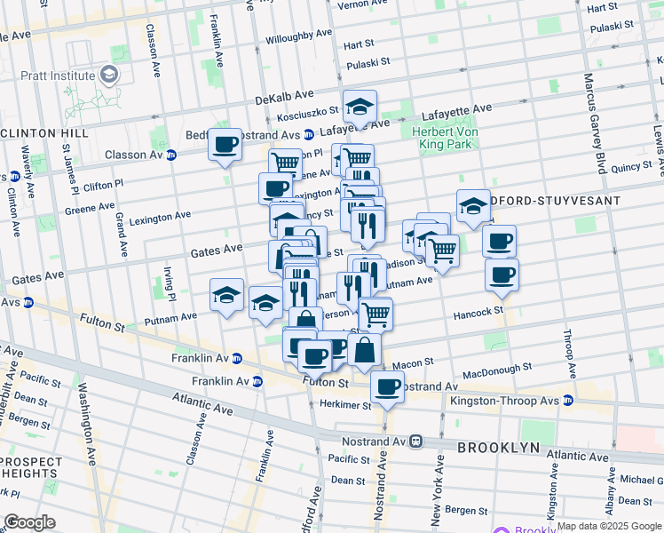 map of restaurants, bars, coffee shops, grocery stores, and more near 192 Madison Street in Brooklyn