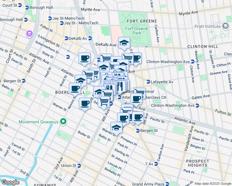 map of restaurants, bars, coffee shops, grocery stores, and more near 125 Flatbush Avenue in Brooklyn