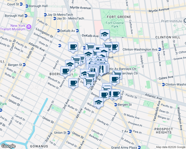map of restaurants, bars, coffee shops, grocery stores, and more near 125 Flatbush Avenue in Brooklyn