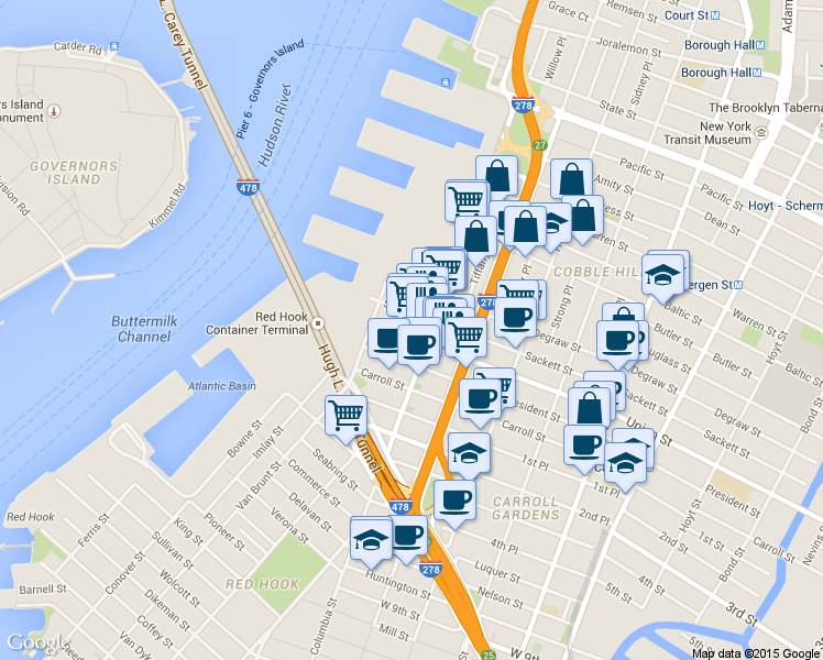 map of restaurants, bars, coffee shops, grocery stores, and more near 86 Union Street in Brooklyn