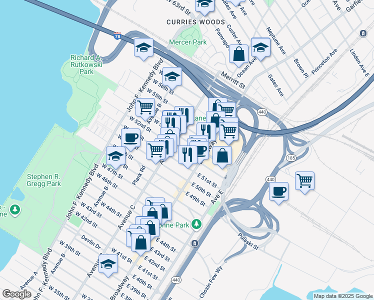 map of restaurants, bars, coffee shops, grocery stores, and more near 40 West 52nd Street in Bayonne