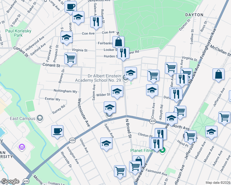 map of restaurants, bars, coffee shops, grocery stores, and more near 24 Wilder Street in Elizabeth