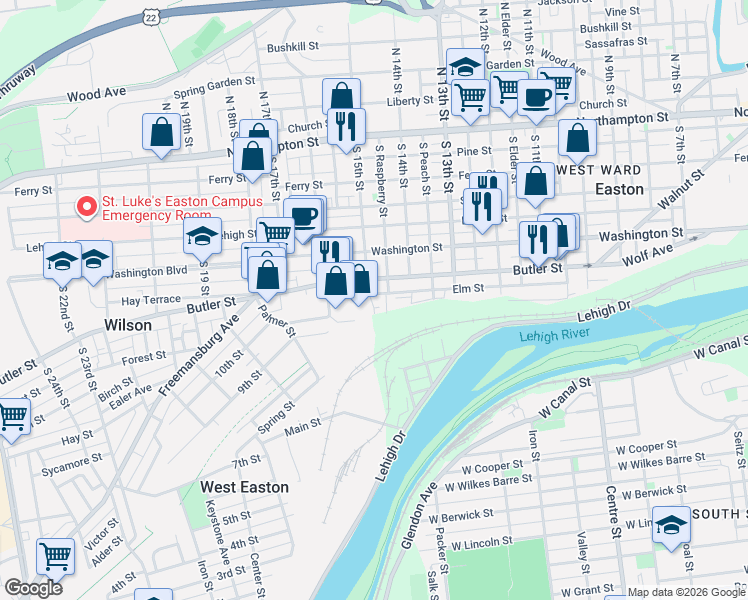 map of restaurants, bars, coffee shops, grocery stores, and more near 1455 Jefferson Street in Easton