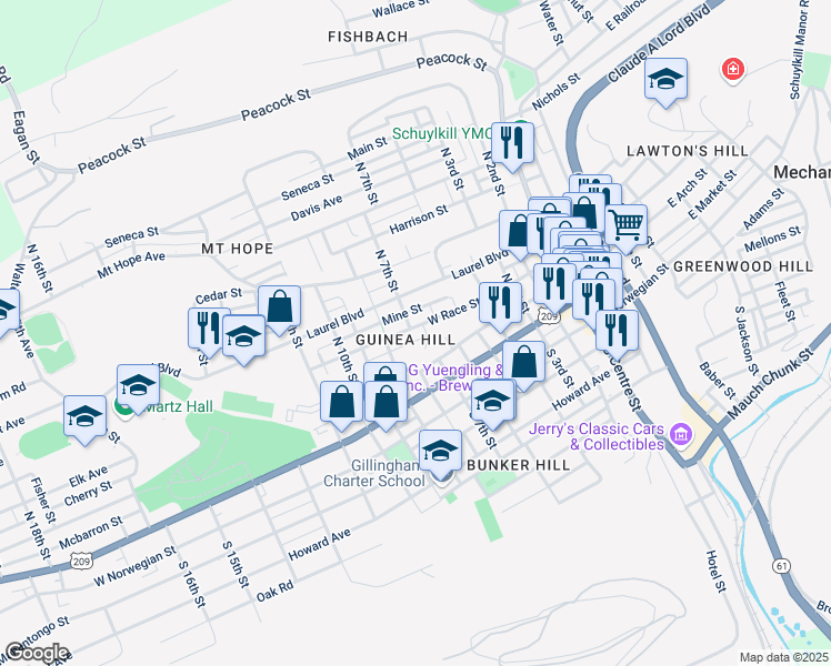 map of restaurants, bars, coffee shops, grocery stores, and more near 627 West Race Street in Pottsville