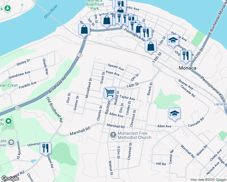 map of restaurants, bars, coffee shops, grocery stores, and more near 1010 Walnut Street in Monaca