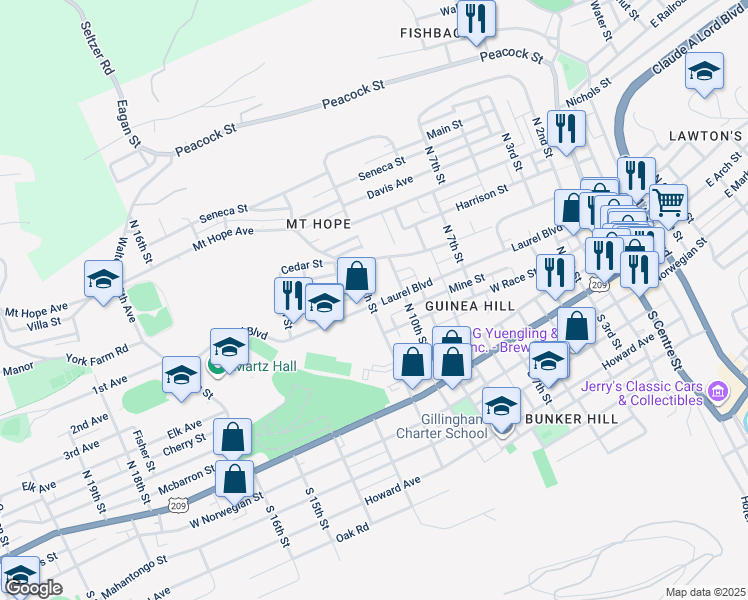 map of restaurants, bars, coffee shops, grocery stores, and more near 1034 Laurel Boulevard in Pottsville