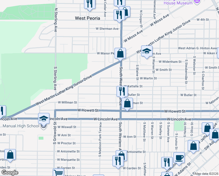 map of restaurants, bars, coffee shops, grocery stores, and more near 2000 West Kettelle Street in Peoria
