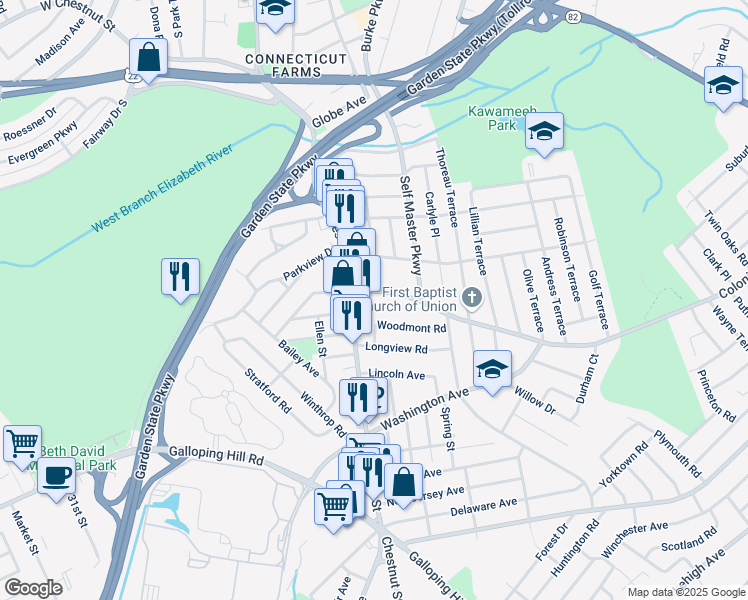 map of restaurants, bars, coffee shops, grocery stores, and more near 223 Colonial Avenue in Union