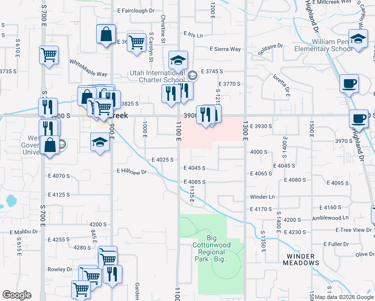 map of restaurants, bars, coffee shops, grocery stores, and more near 4010 South 1140 East in Salt Lake City