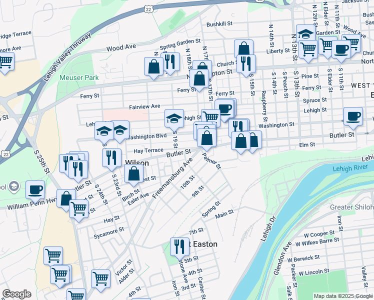 map of restaurants, bars, coffee shops, grocery stores, and more near 1800 Butler Street in Easton