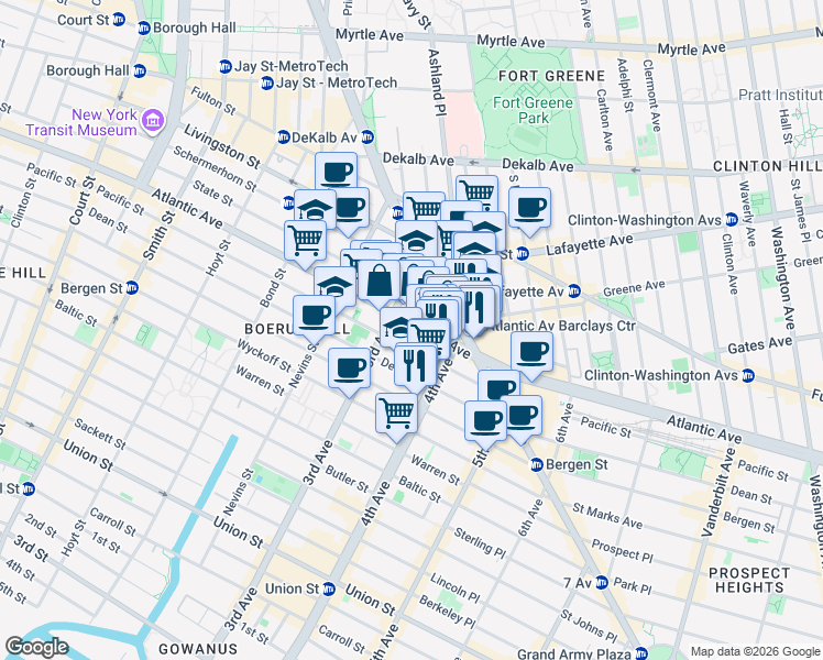map of restaurants, bars, coffee shops, grocery stores, and more near 540 Atlantic Avenue in Brooklyn