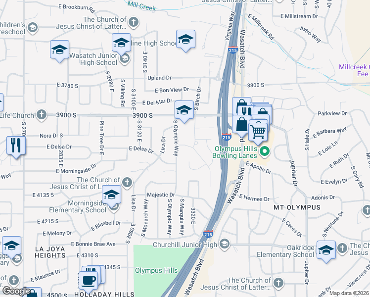 map of restaurants, bars, coffee shops, grocery stores, and more near 3284 Splendor Way in Salt Lake City