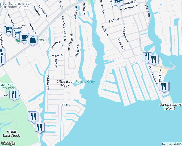 map of restaurants, bars, coffee shops, grocery stores, and more near 195 Peninsula Drive in Babylon
