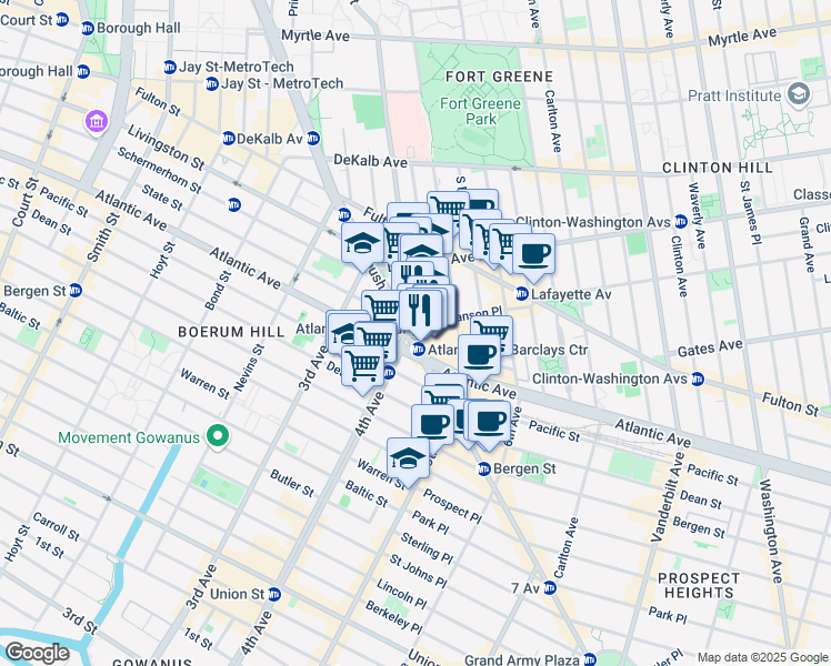 map of restaurants, bars, coffee shops, grocery stores, and more near 125 Flatbush Avenue in Brooklyn