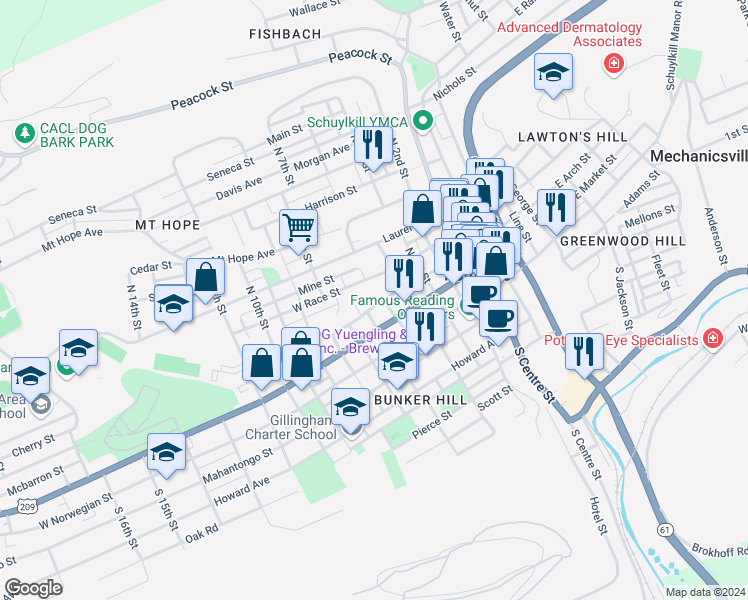 map of restaurants, bars, coffee shops, grocery stores, and more near 514 West Arch Street in Pottsville