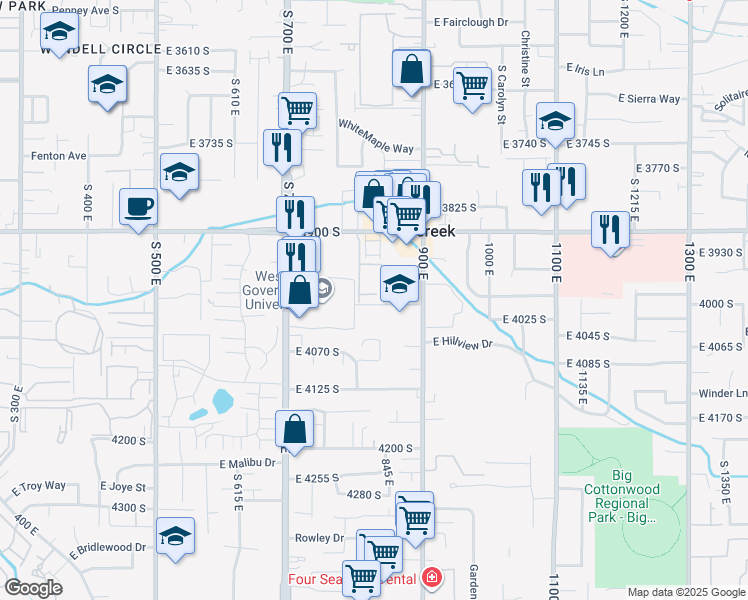 map of restaurants, bars, coffee shops, grocery stores, and more near 830 East 3990 South in Murray