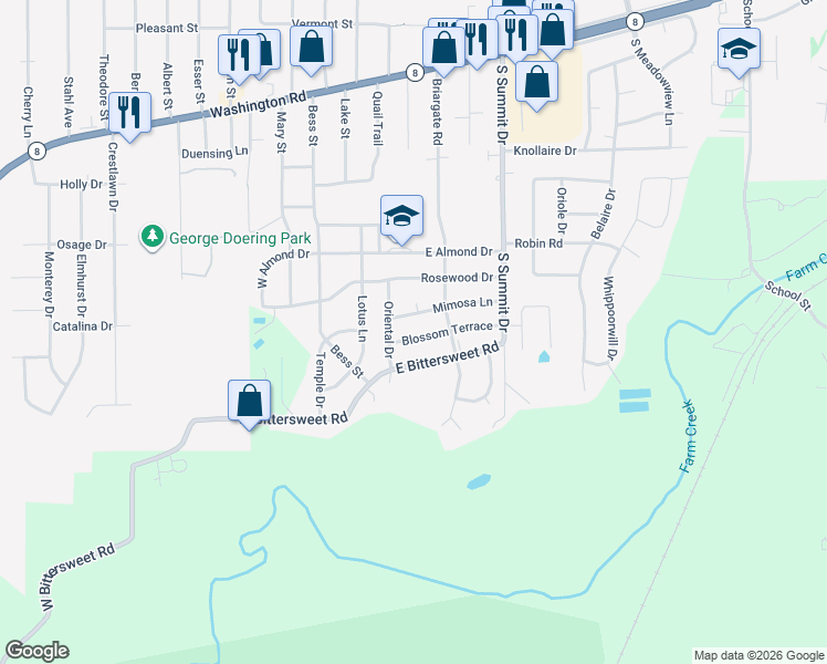 map of restaurants, bars, coffee shops, grocery stores, and more near 107 Blossom Terrace in Washington