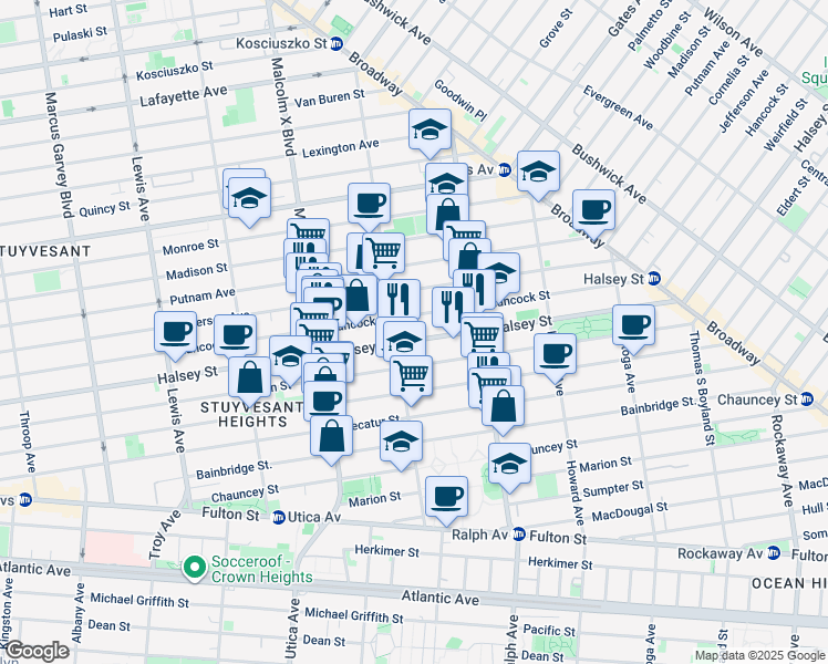 map of restaurants, bars, coffee shops, grocery stores, and more near 673 Halsey Street in Brooklyn