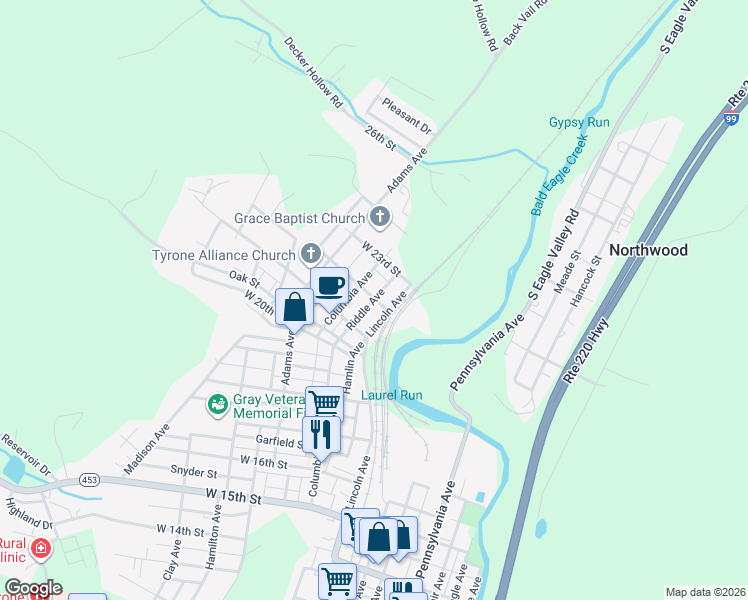 map of restaurants, bars, coffee shops, grocery stores, and more near 2063 Riddle Ave in Tyrone