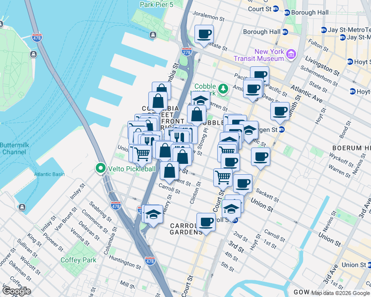 map of restaurants, bars, coffee shops, grocery stores, and more near 196 Degraw Street in Brooklyn