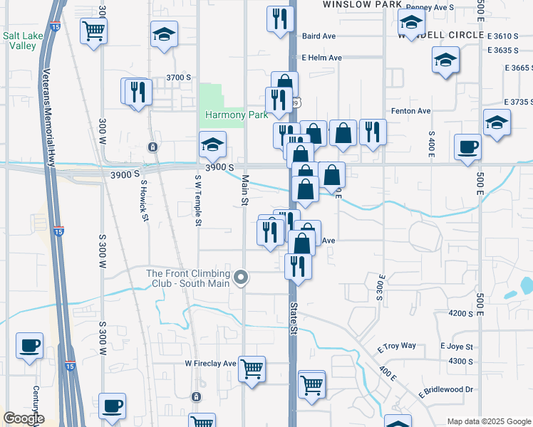 map of restaurants, bars, coffee shops, grocery stores, and more near 3993 South Main Street in Millcreek
